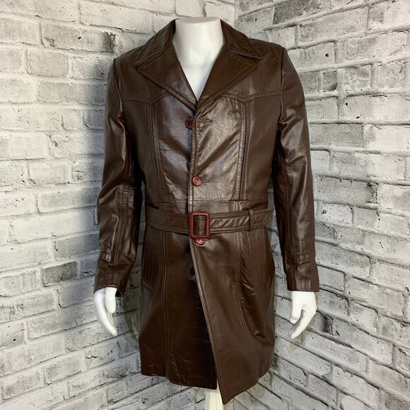 Vintage 60s 70s Sears Leather Jacket Belted Removable Quilt Liner Trench Coat - Picture 1 of 16